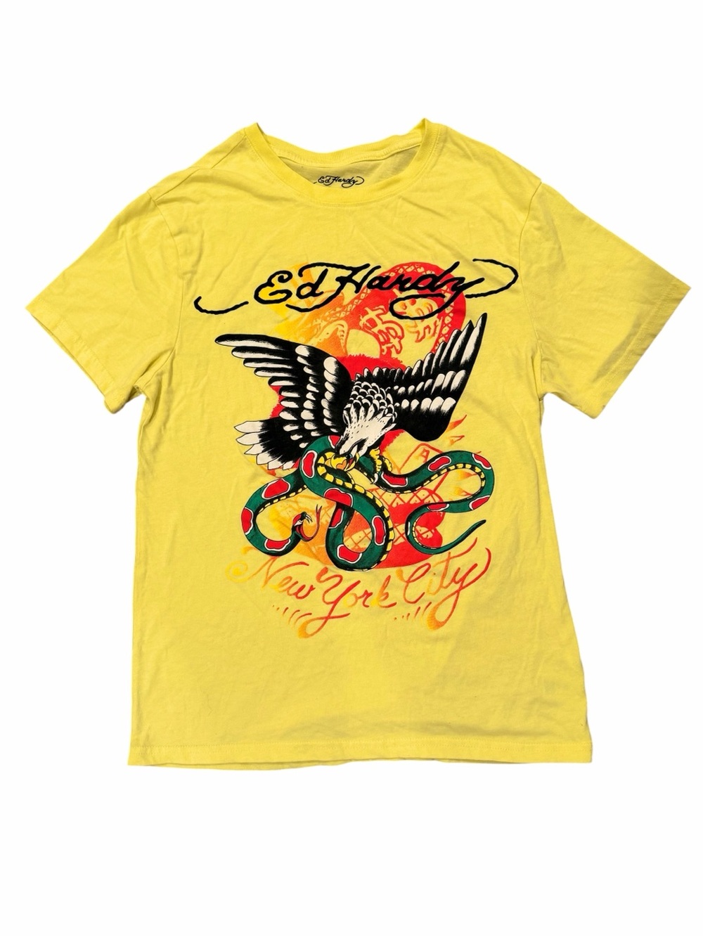 Ed Hardy Men's Yellow Eagle Snake Graphic Logo Crew Neck Short Sleeve T-Shirt S